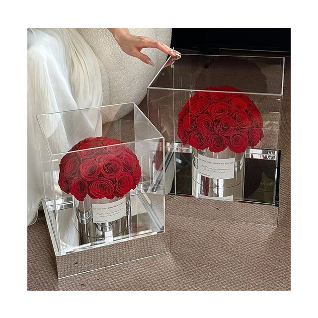 AM-PFE18C Ammy Preserved flower Mushroom head mirror Hug Bucket gift box with acrylic cover preserved roses gift box
