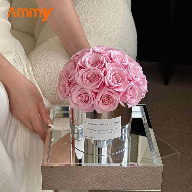 AM-PFE18C Ammy Preserved flower Mushroom head mirror Hug Bucket gift box with acrylic cover preserved roses gift box