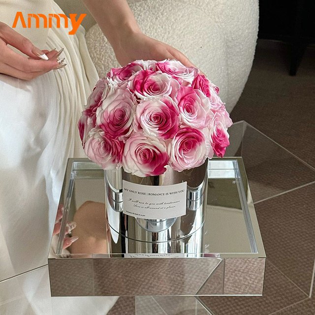 AM-PFE18C Ammy Preserved flower Mushroom head mirror Hug Bucket gift box with acrylic cover preserved roses gift box