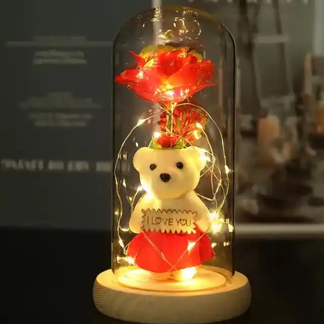 Mother's Day and Children's Day Gift Artificial Flower Wooden Base Led Lamp Wrist Flower Ball Red Silk Galaxy Rose on Glass Dome