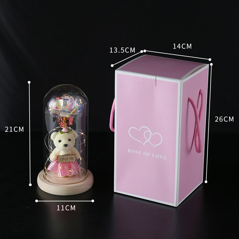 Mother's Day and Children's Day Gift Artificial Flower Wooden Base Led Lamp Wrist Flower Ball Red Silk Galaxy Rose on Glass Dome