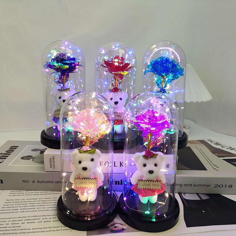 Mother's Day and Children's Day Gift Artificial Flower Wooden Base Led Lamp Wrist Flower Ball Red Silk Galaxy Rose on Glass Dome