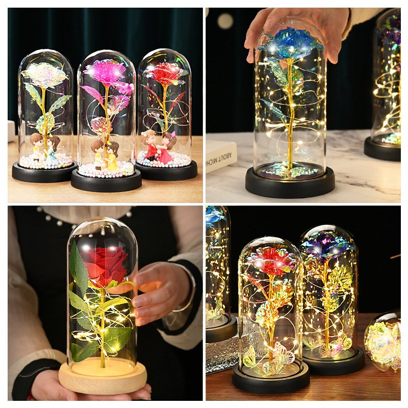 Mother's Day and Children's Day Gift Artificial Flower Wooden Base Led Lamp Wrist Flower Ball Red Silk Galaxy Rose on Glass Dome