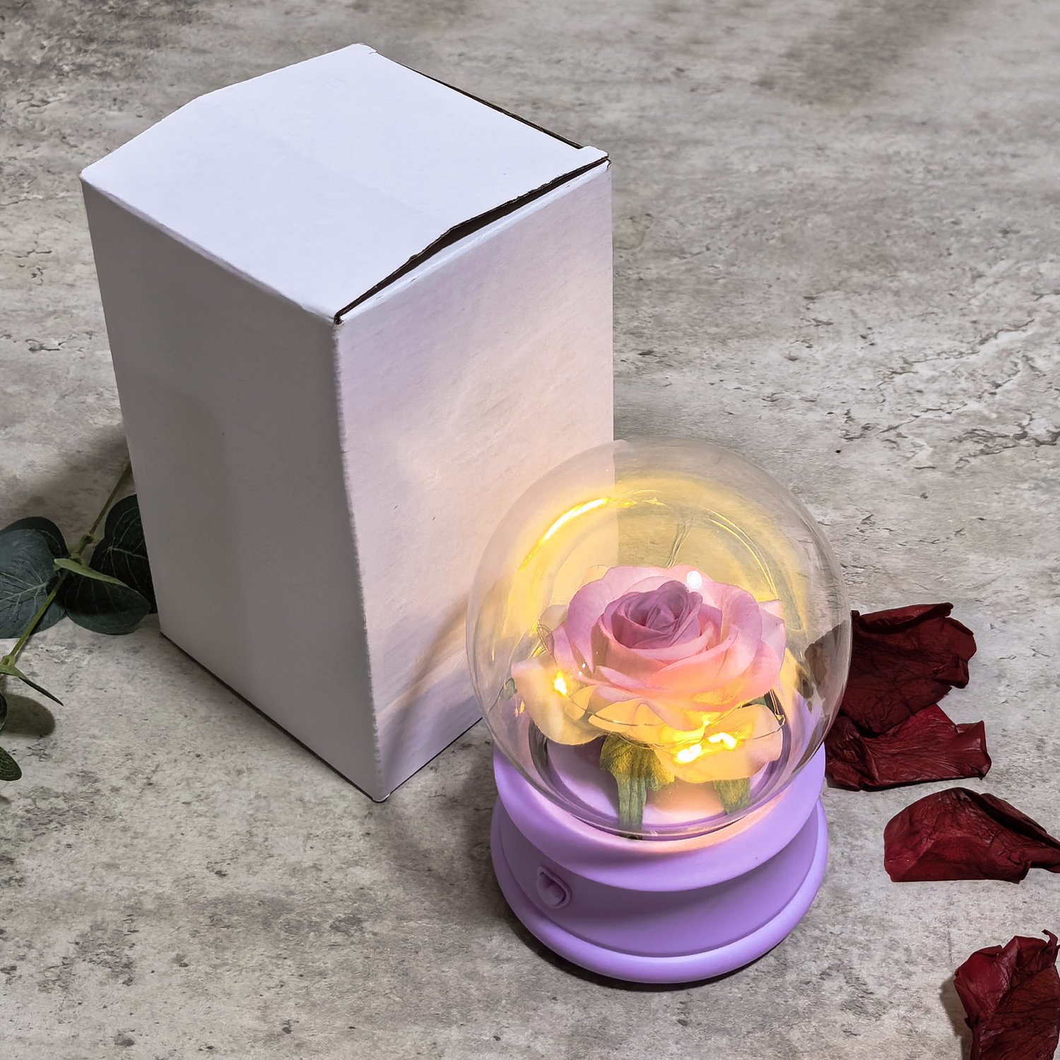 Christmas Valentines Day Gift Glass Crystal Ball Music box Artificial Rose flower in Glass Dome with Led Light Gifts for Mom Women