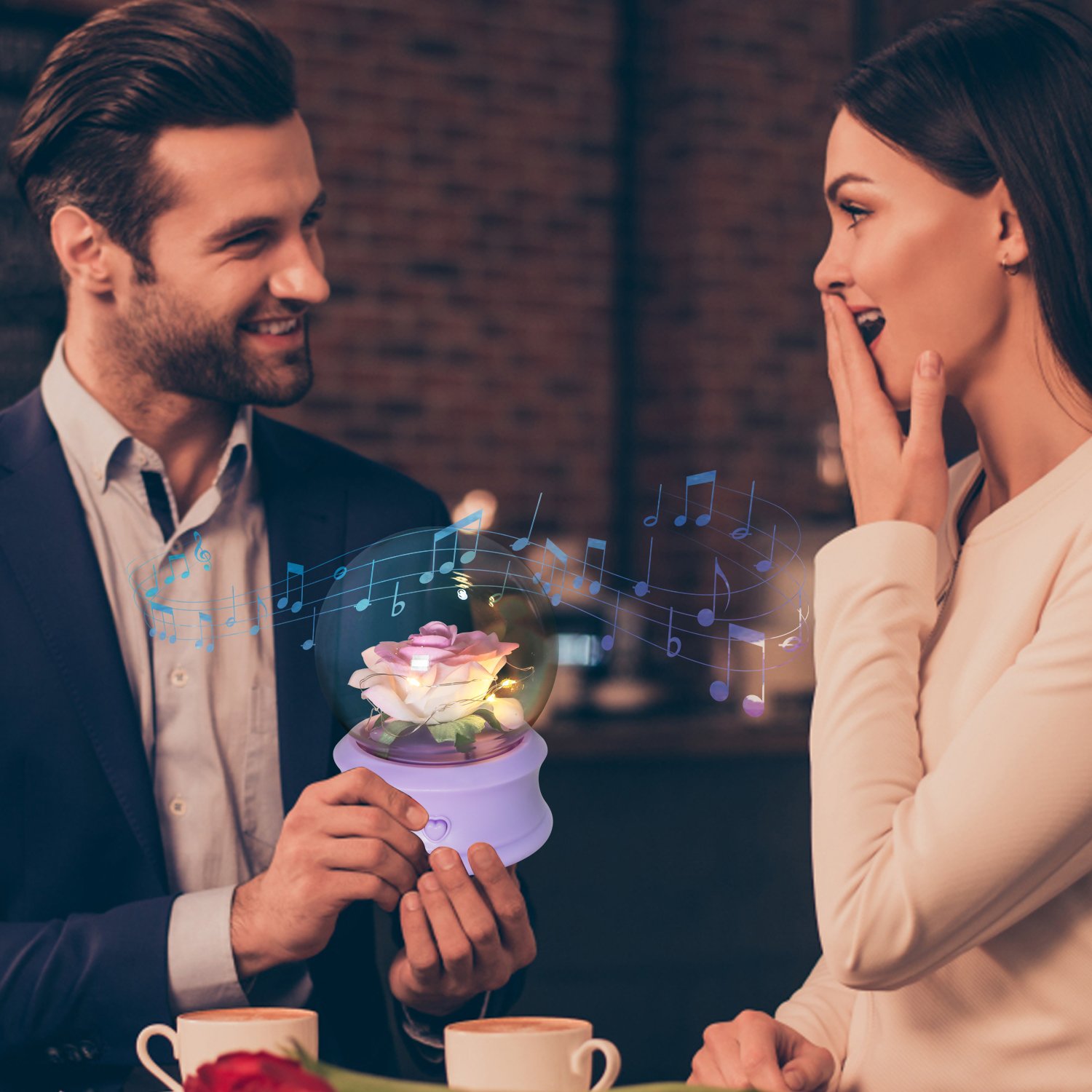 Christmas Valentines Day Gift Glass Crystal Ball Music box Artificial Rose flower in Glass Dome with Led Light Gifts for Mom Women