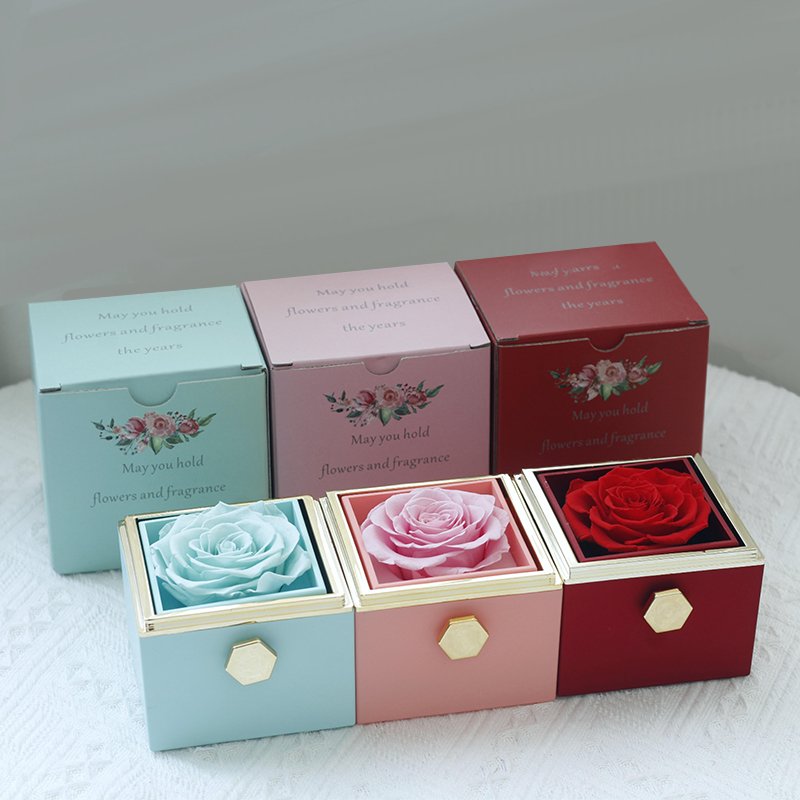 Customizable logo rose flower gift box transparent acrylic immortal flower Rotating preserved rose in necklace box