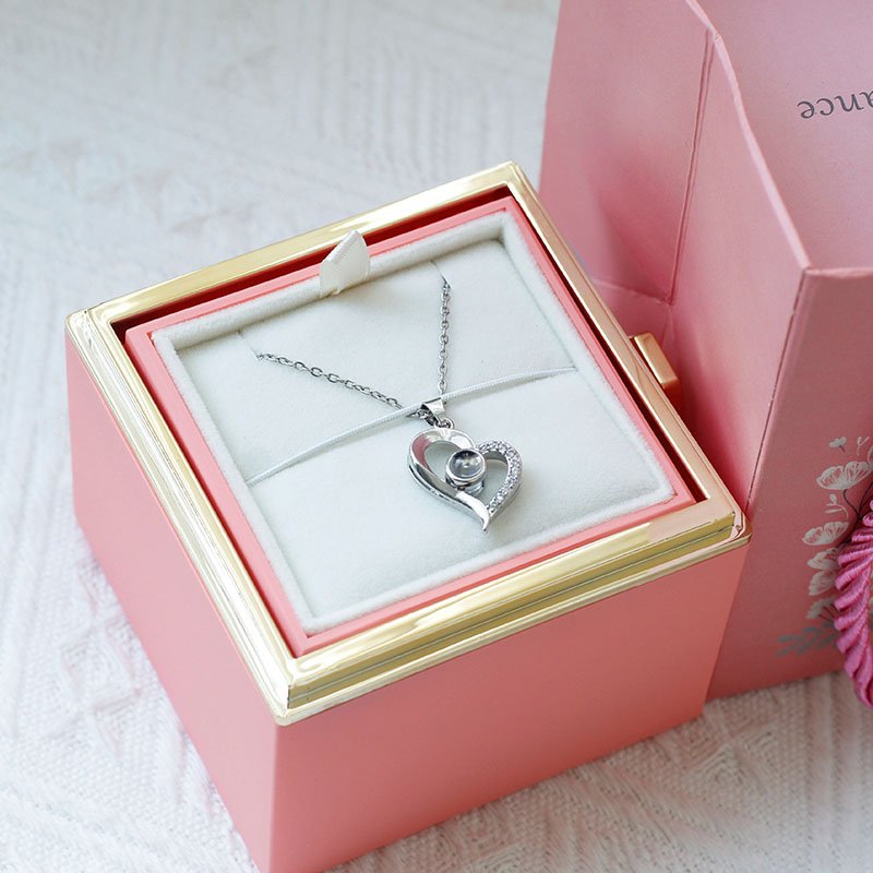 Customizable logo rose flower gift box transparent acrylic immortal flower Rotating preserved rose in necklace box