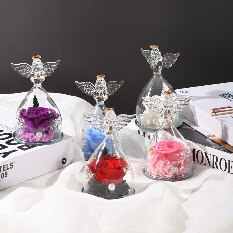 Factory Wholesale Natural Eternal Immortal Rose Preserved Flowers Beautiful Angel Glass Dome Mother's Day Valentin Gifts Sets