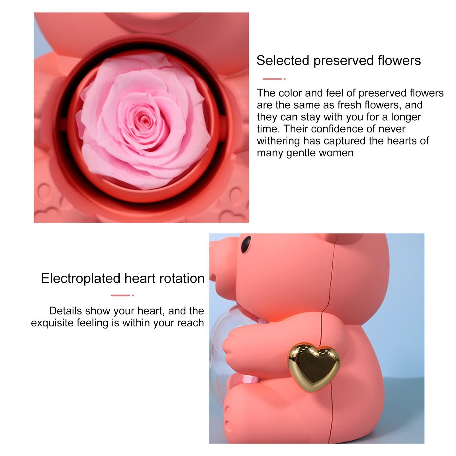 2024 New Mothers Valentines Day Gift Pink Hugging Bear Teddy Jewelry Box Rotating Long Lasting Eternal Rose Preserved Flower