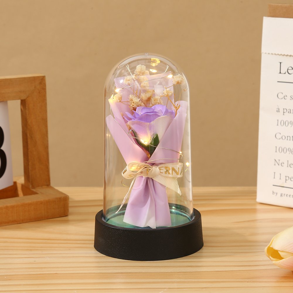 Hot selling immortal flower soap bouquet glass dome with base acrylic dome bell with LED light