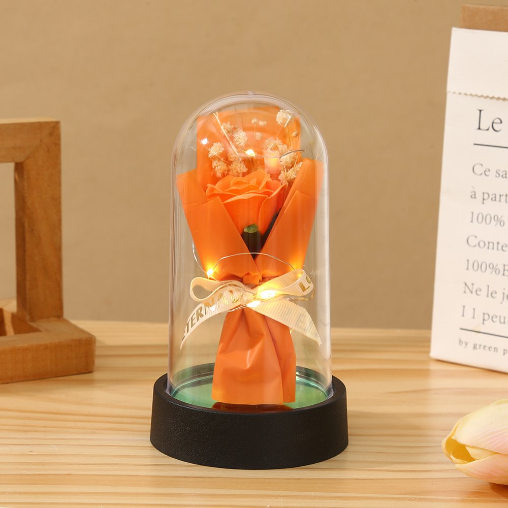 Hot selling immortal flower soap bouquet glass dome with base acrylic dome bell with LED light