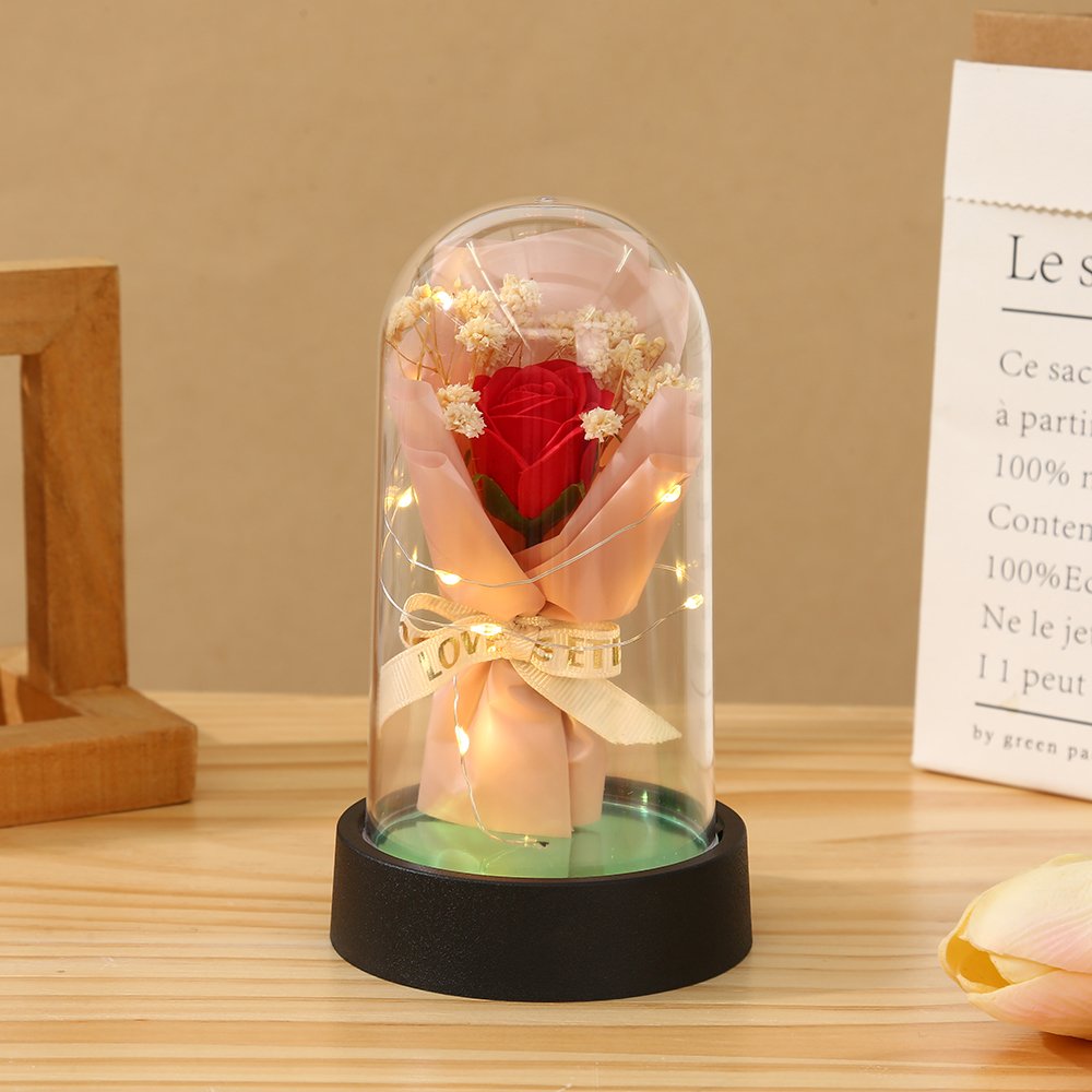 Hot selling immortal flower soap bouquet glass dome with base acrylic dome bell with LED light
