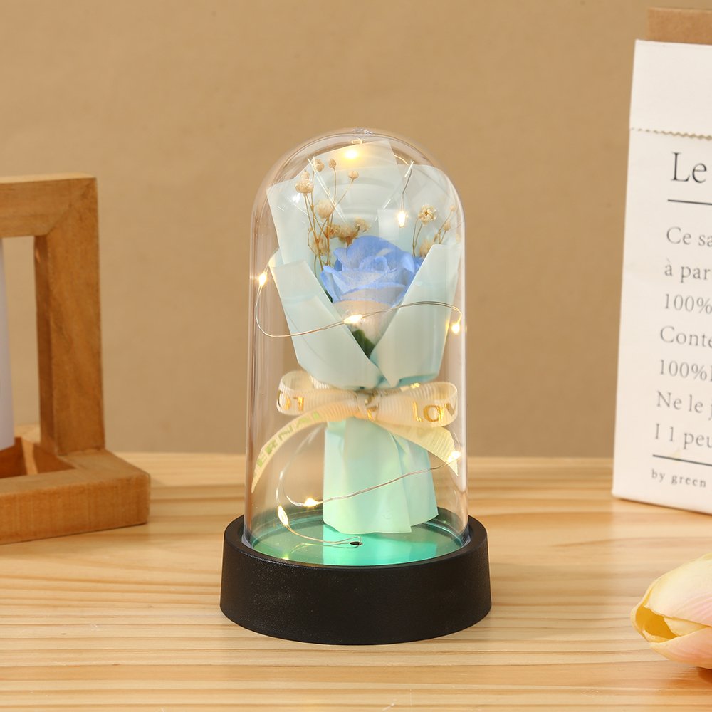 Hot selling immortal flower soap bouquet glass dome with base acrylic dome bell with LED light