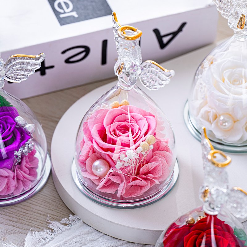 Preferential white flowers Immortal Little Angel Eternal Rose Preserved Flower In Glass Dome wedding decoration