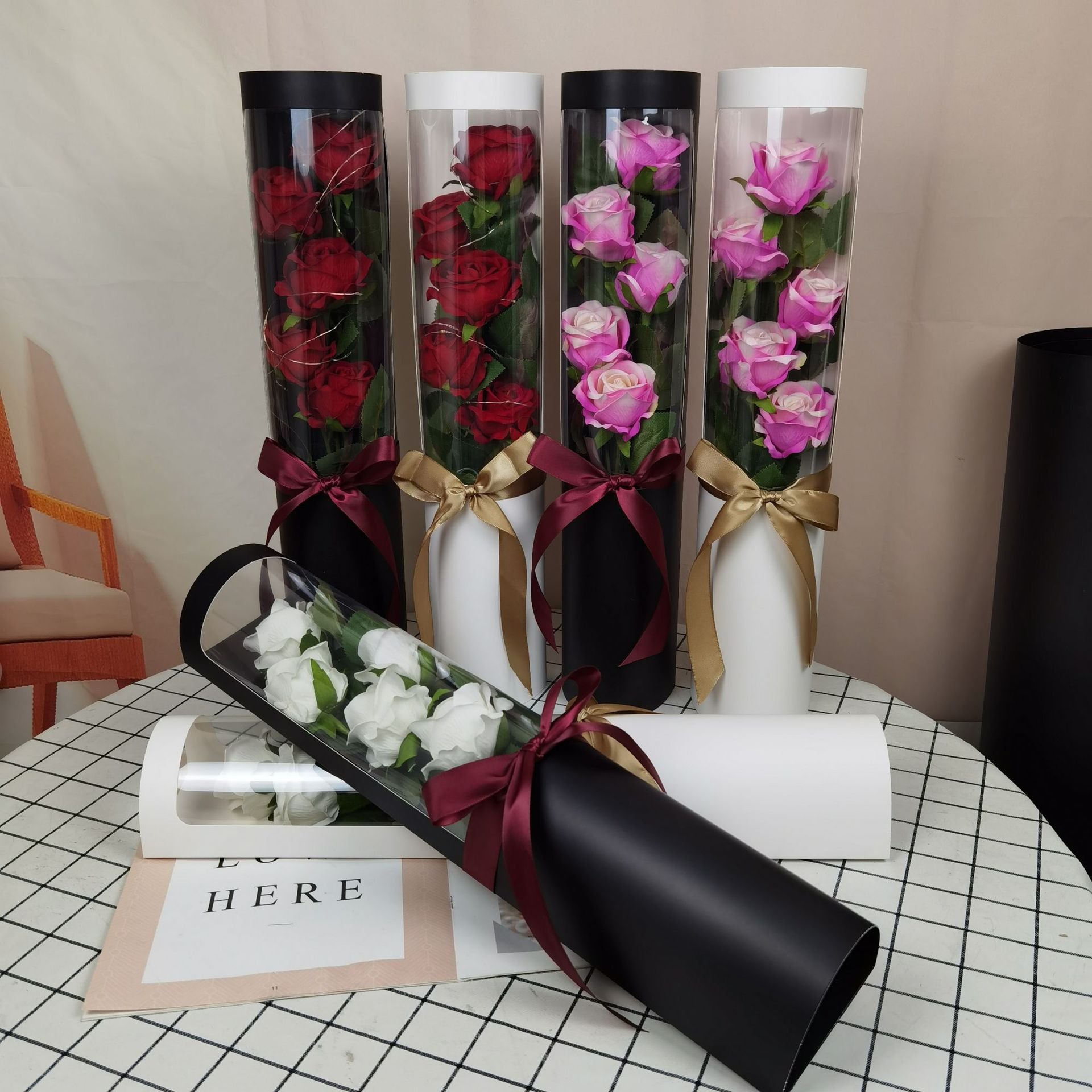 New Style Velvet Flower Holding Bucket Bouquet Round Long Paper Tube Immortal Flower Box Qixi Graduation Gift