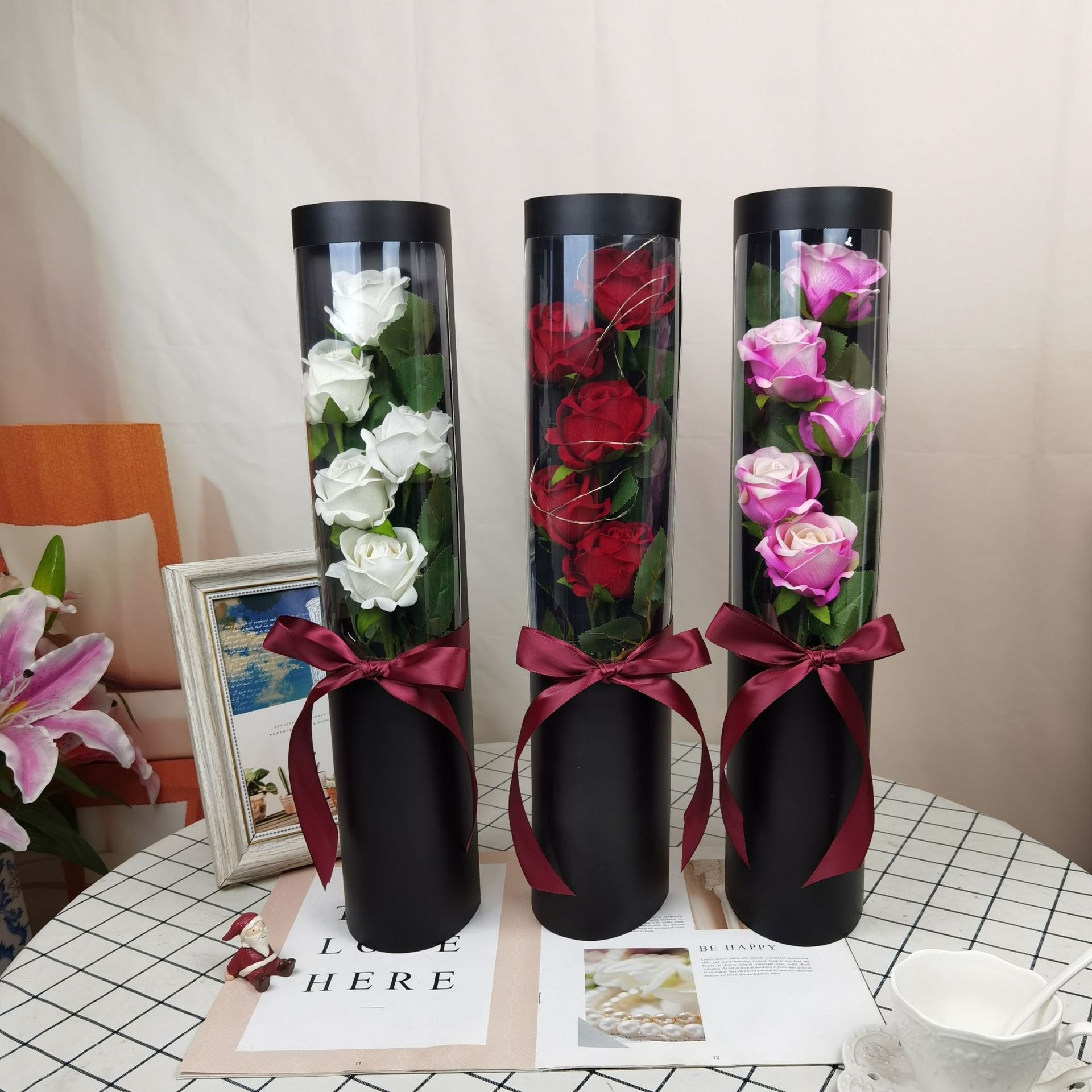New Style Velvet Flower Holding Bucket Bouquet Round Long Paper Tube Immortal Flower Box Qixi Graduation Gift