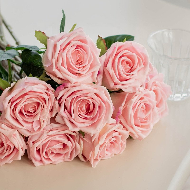 JCF434 Big Heads Pink color Rose Artificial Real Touch Latex Flower Rose Moisturizing Hand Feeling
