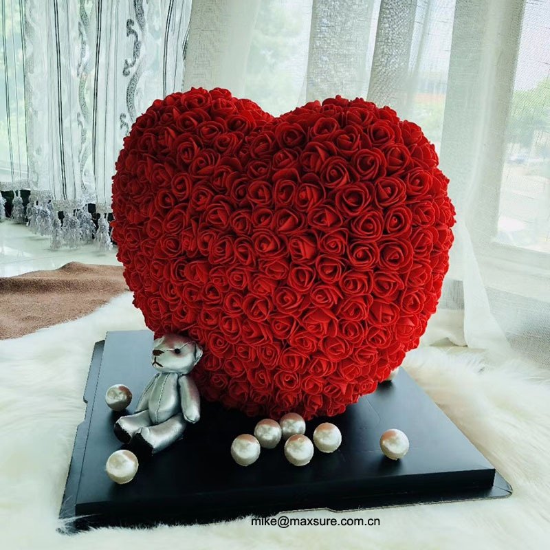 Hot Selling Foam Rose Heart Artificial Preserved PE Foam Roses Heart with Bear and Pearl