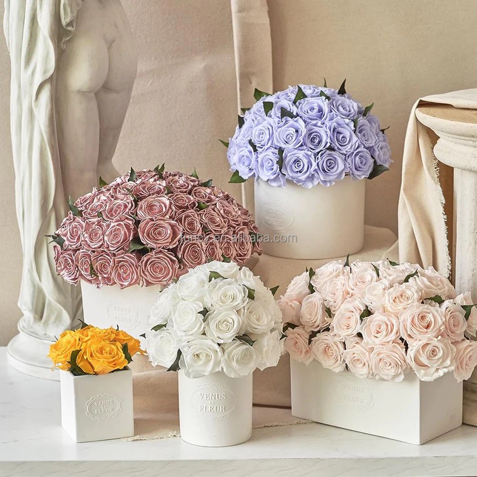 Handmade Porcelain Vase Real Natural Eternal Dome Shape Arrangement Bouquet Rose Preserved Flowers