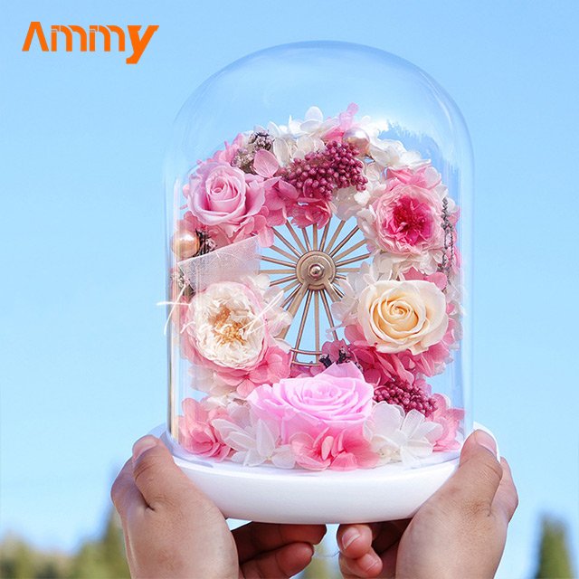 AM-PFA37 Ammy preserved roses Ferris Wheel in Glass Dome Gift Package Preserved Flower LED Light Gifts for Valentine's Day