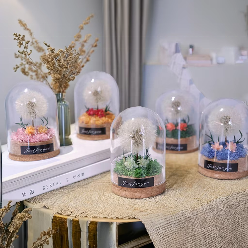 Glass Dome with Dandelion Flower Eternal Flowers Preserved Flowers Dandelion with Led Light Gift for Girlfriend Wife Mom Women