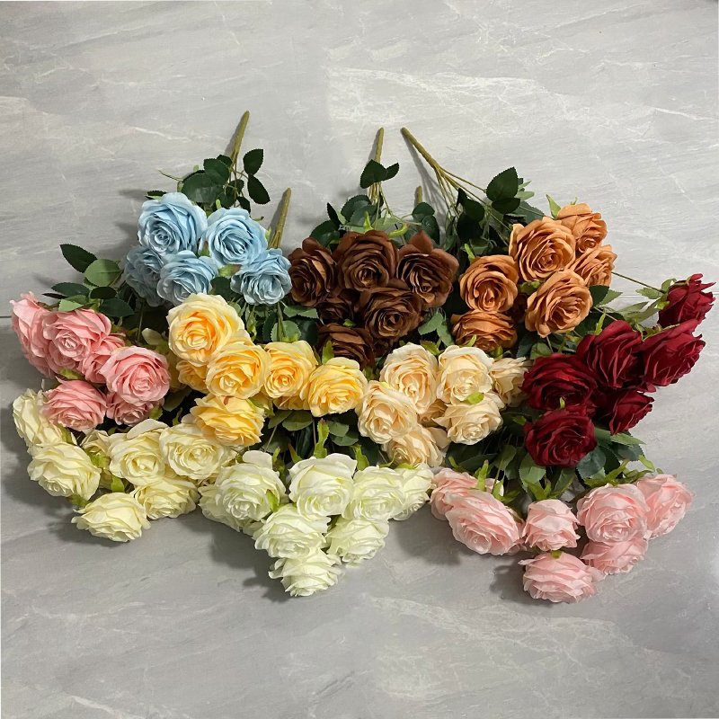 Hot Sale 9 Head Rose Bouquets White Artificial Flowers for Wedding