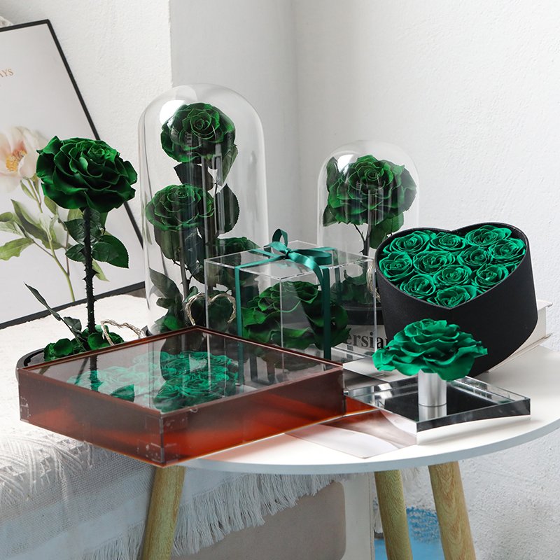 Factory supply wedding decoration Handmade green Real Eternal Rose In Glass Dome Preserved Rose In Box