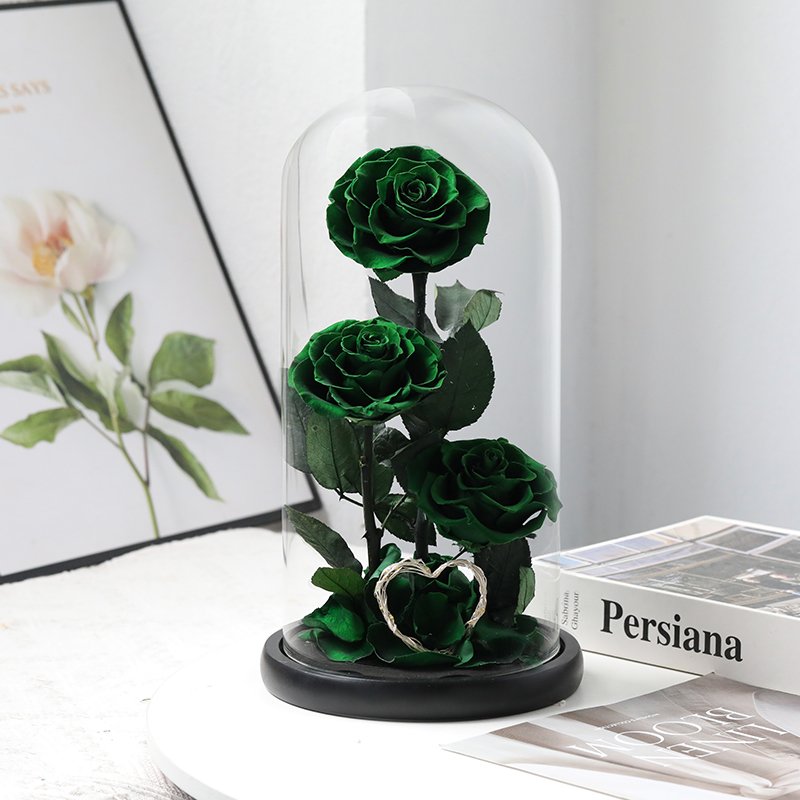 Factory supply wedding decoration Handmade green Real Eternal Rose In Glass Dome Preserved Rose In Box