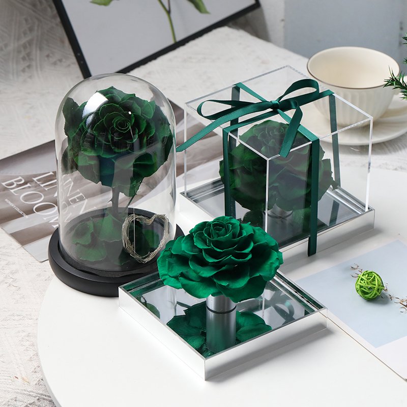 Factory supply wedding decoration Handmade green Real Eternal Rose In Glass Dome Preserved Rose In Box