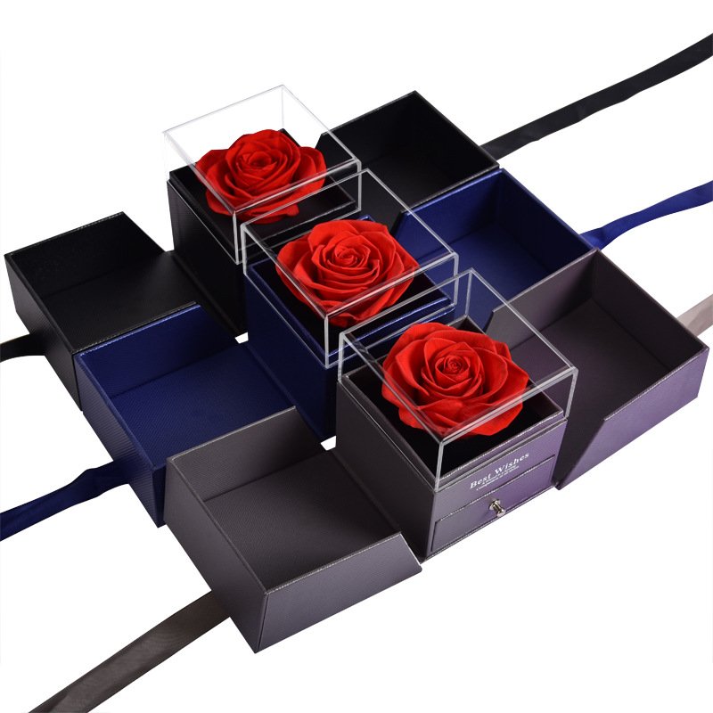 Preserved Real Rose with I Love You Necklace Gifts Ring Set Eternal Forever Handmade Soap Rose Enchanted Flower Gift Acrylic Box