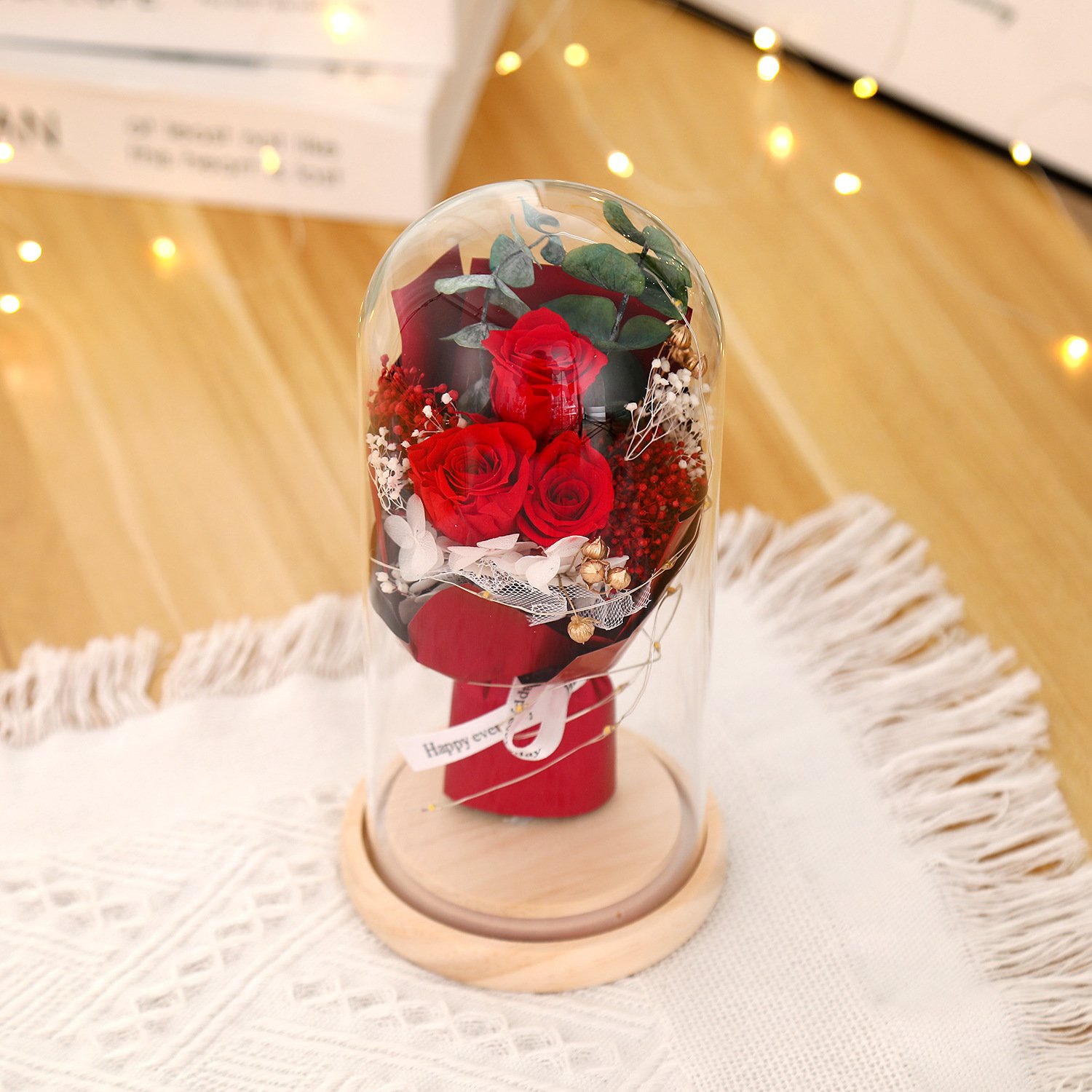 Wholesales Small Preserved Flower & Plants Mini Bouquet Eternal Flower Natural in Glass Dome for Valentines Day Gift