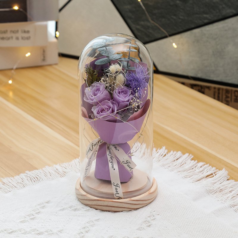 Wholesales Small Preserved Flower & Plants Mini Bouquet Eternal Flower Natural in Glass Dome for Valentines Day Gift