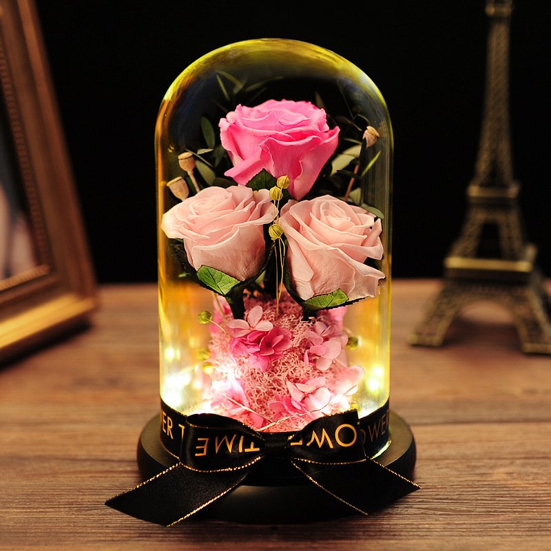 Customized 3 pcs Real Eternal Decorative Flower Preserved rose In Glass Dome With LED Light And Ribbon For Valentine Gifts