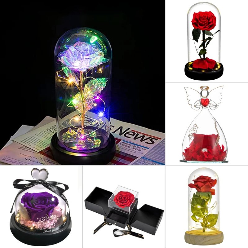 Eternal Preserved Roses In Glass Dome Flower Heads Rose Forever Love Wedding Favor Mothers Day Gifts For Women Girlfriends