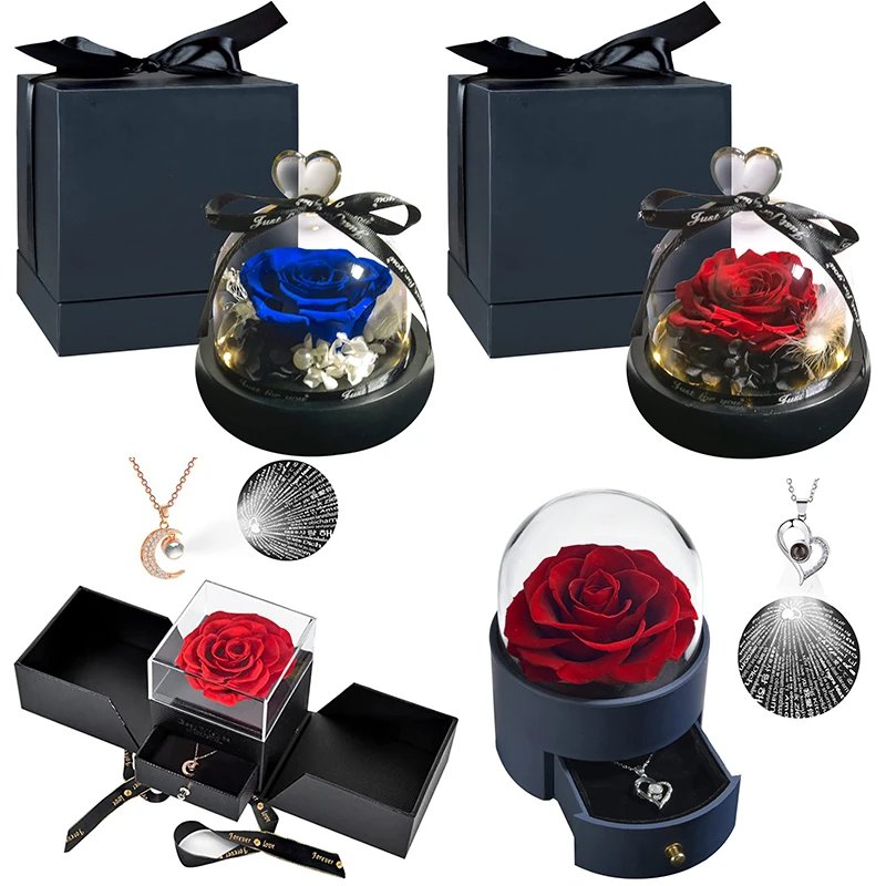 Eternal Preserved Roses In Glass Dome Flower Heads Rose Forever Love Wedding Favor Mothers Day Gifts For Women Girlfriends