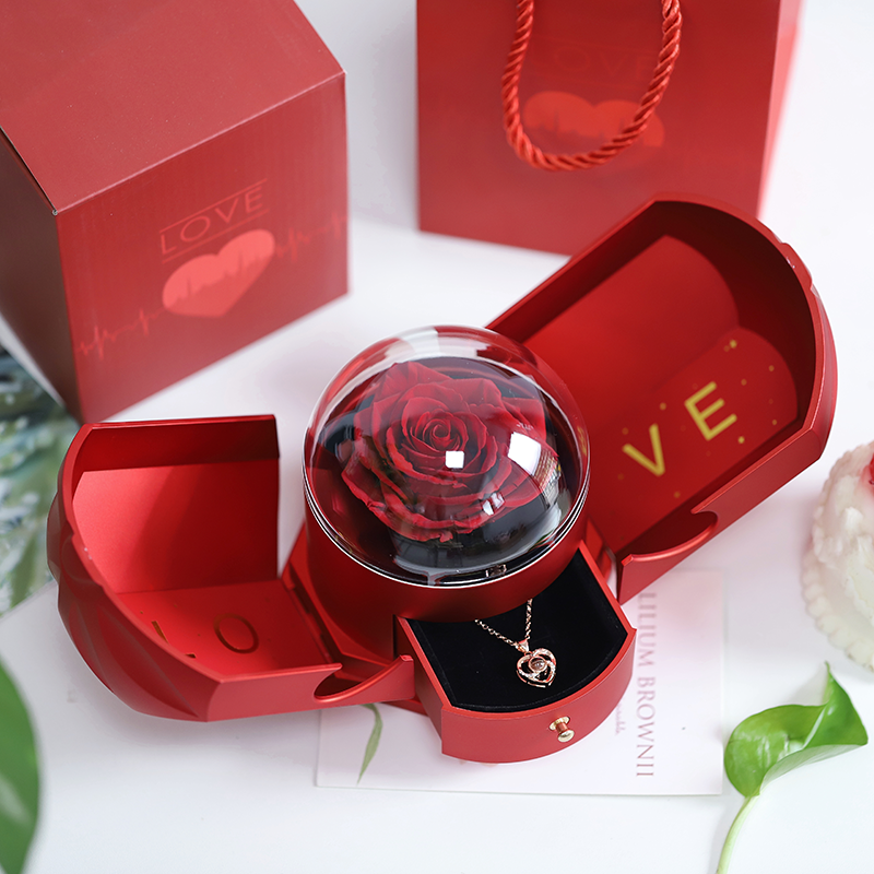 Valentines Day Preserved Rose Gift In Acrylic Jewelry Insert Flower Box Package For Rose Preserved Ring Proposal Box Packing