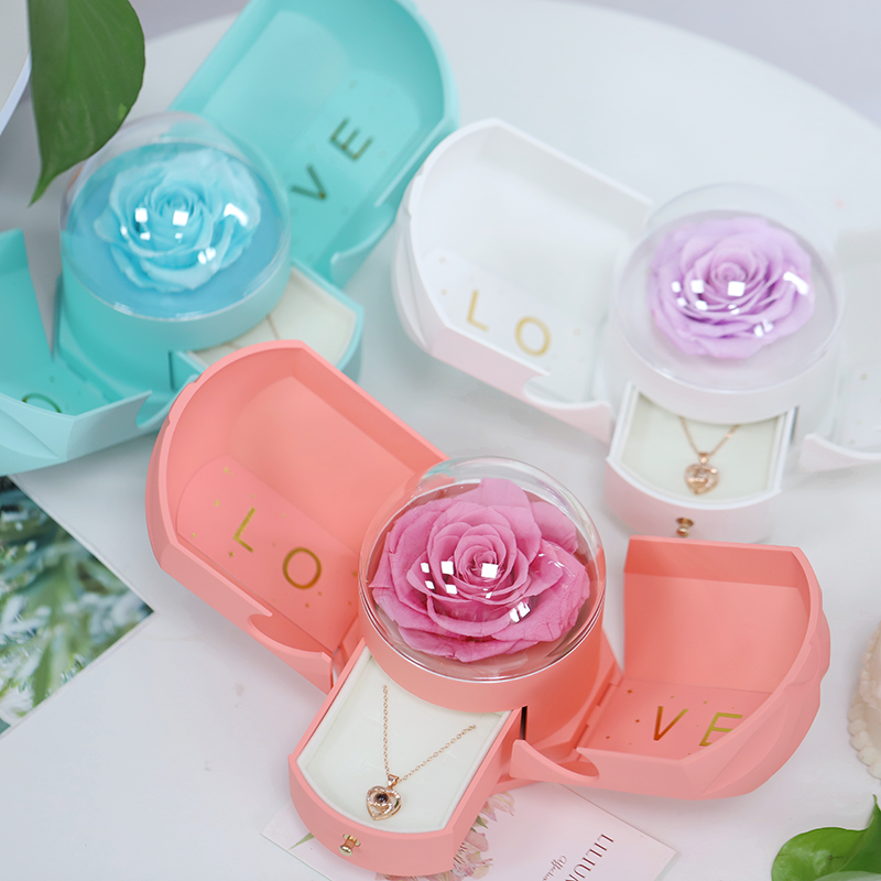 Valentines Day Preserved Rose Gift In Acrylic Jewelry Insert Flower Box Package For Rose Preserved Ring Proposal Box Packing