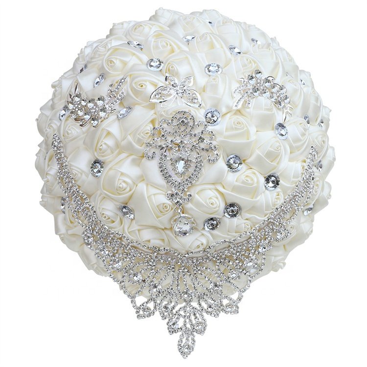 Hot Sale Holding Flower Bridal Bouquet Silk Rose Crystal Diamond Ribbon Hand Bridal Bouquets for Wedding