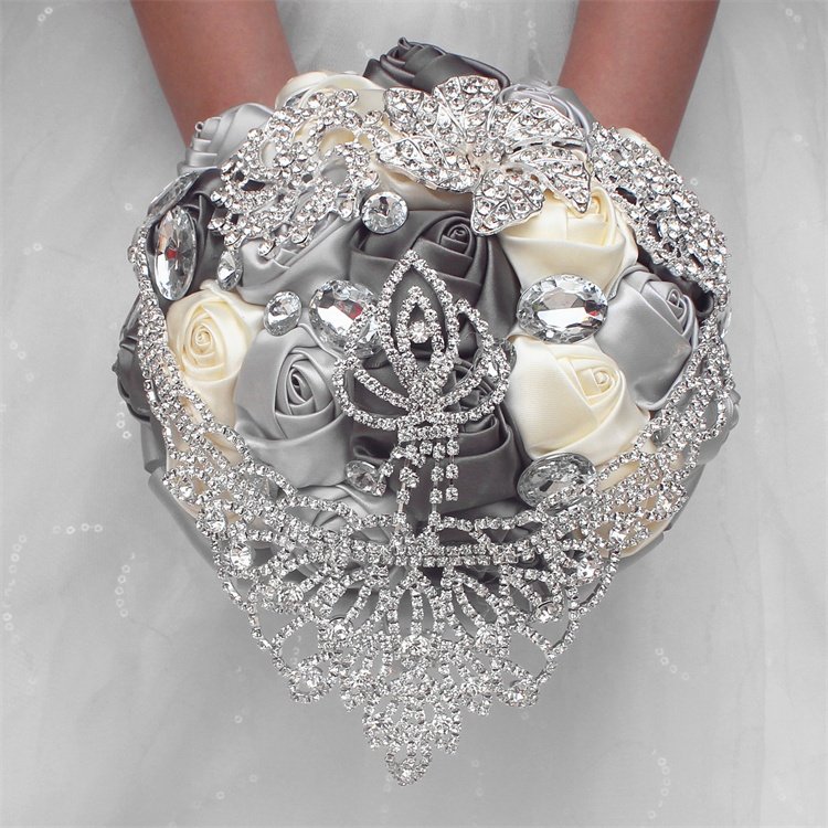 Hot Sale Holding Flower Bridal Bouquet Silk Rose Crystal Diamond Ribbon Hand Bridal Bouquets for Wedding