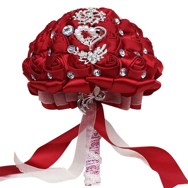 Hot Sale Holding Flower Bridal Bouquet Silk Rose Crystal Diamond Ribbon Hand Bridal Bouquets for Wedding