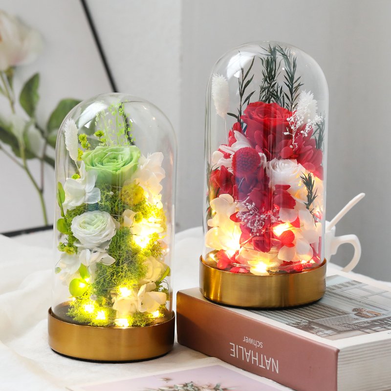 Wholesale natural flower gift box forever eternal rose in glass dome box preserved rose for Valentine's gift