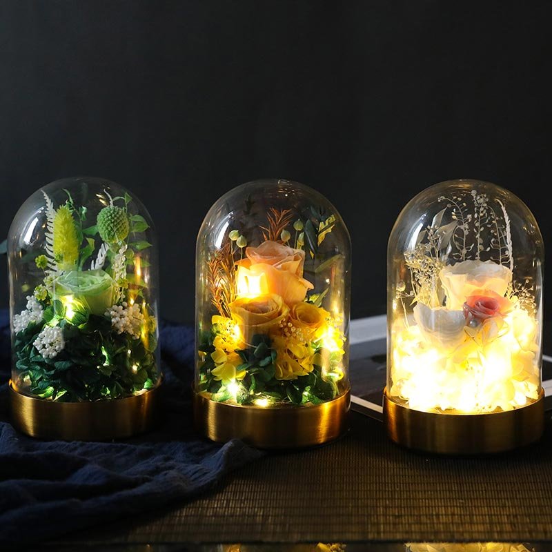 Wholesale natural flower gift box forever eternal rose in glass dome box preserved rose for Valentine's gift