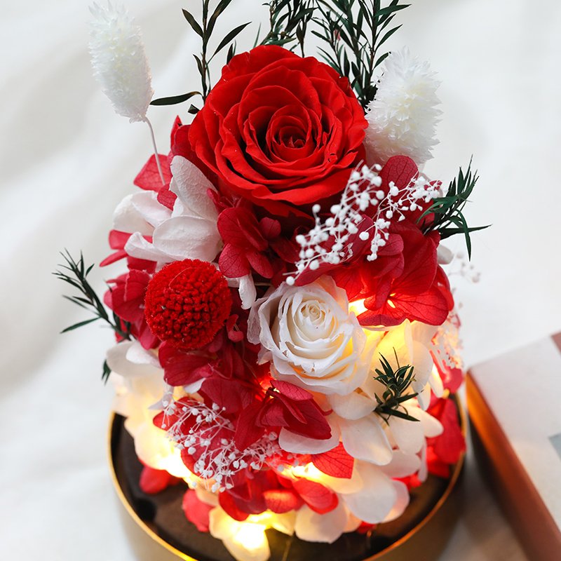 Wholesale natural flower gift box forever eternal rose in glass dome box preserved rose for Valentine's gift