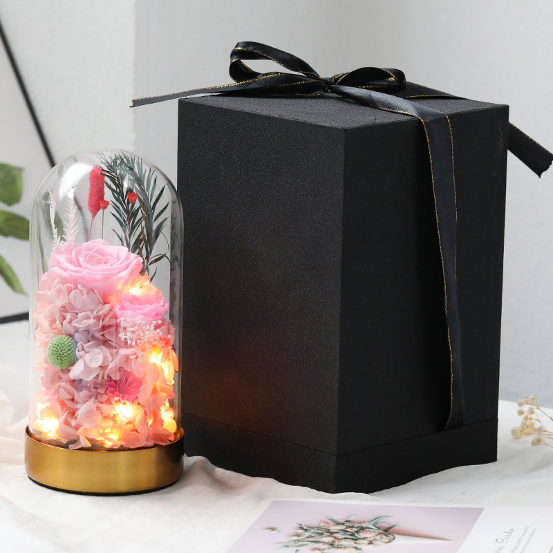 Wholesale natural flower gift box forever eternal rose in glass dome box preserved rose for Valentine's gift