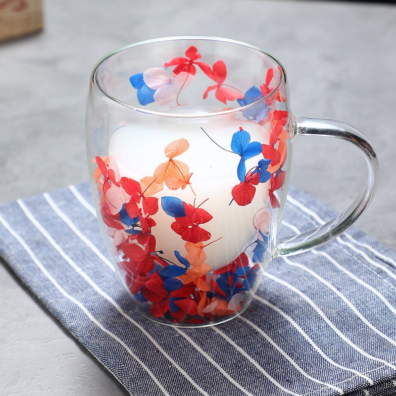 wholesale creative dried flower double tea cup glass mug with preserved flowers