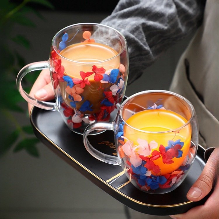 wholesale creative dried flower double tea cup glass mug with preserved flowers