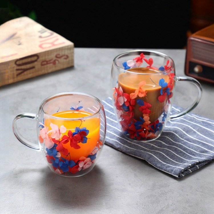 wholesale creative dried flower double tea cup glass mug with preserved flowers