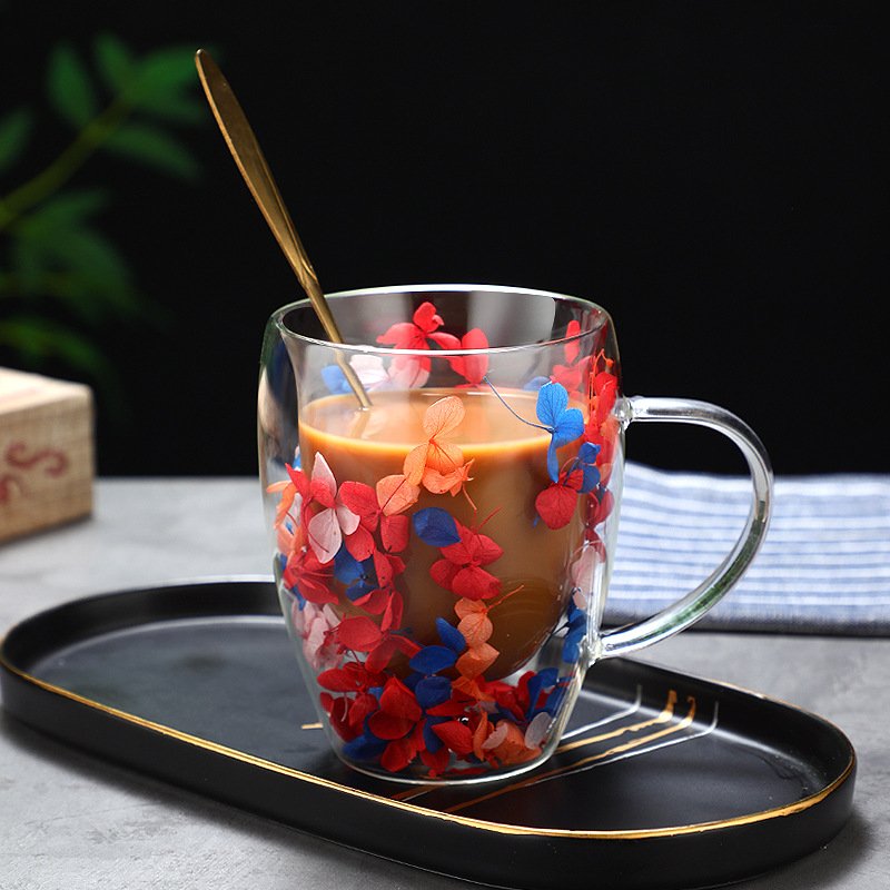 wholesale creative dried flower double tea cup glass mug with preserved flowers