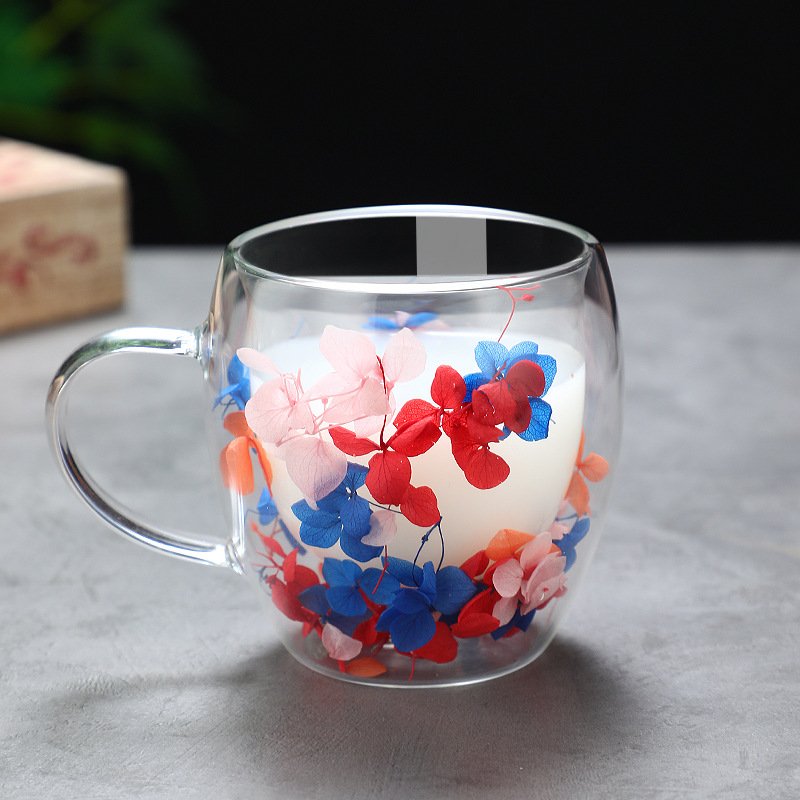 wholesale creative dried flower double tea cup glass mug with preserved flowers