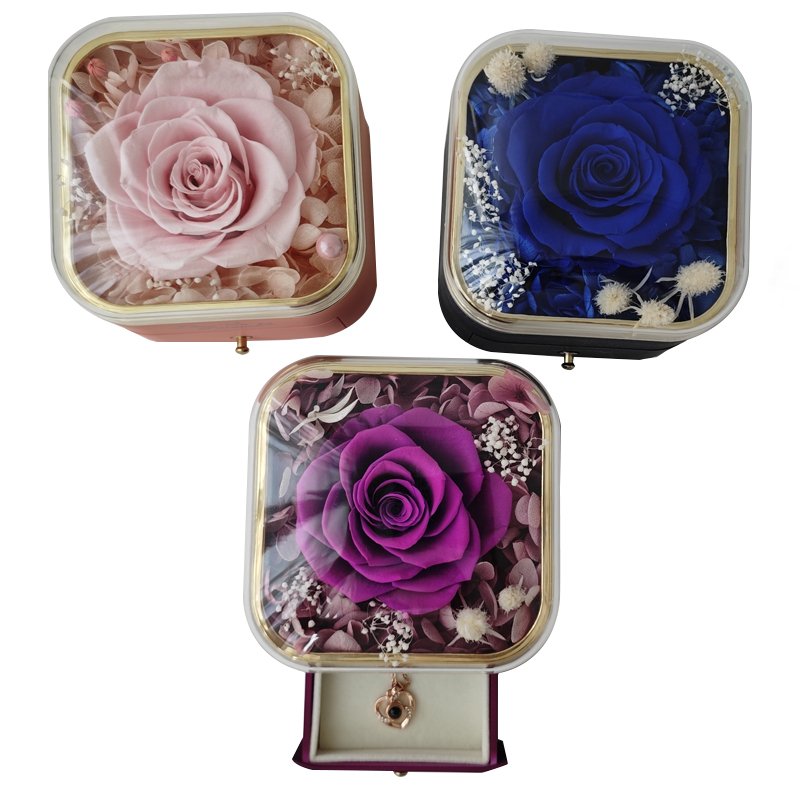 Customized color and logo Valentines day gift Preserved Real Rose Flowers Acrylic Jewelry Box